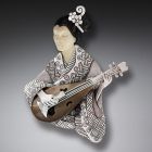 Fossilized Walrus Ivory and Mammoth Ivory Geisha Pin or Pendant, Handmade Silver - <b>Shamisen Player</b>