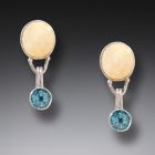 Fossilized Walrus Ivory Blue Topaz Drop Earrings Silver, Handmade - <b>Interchangeable</b>