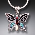 Paua Jewelry Jeweled Butterfly Necklace with Garnet, Black Mussel, and Ancient Ivory - <b>Transition II</b>