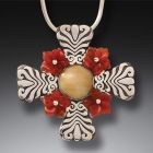 Fossilized Walrus Tusk Flower Cross Necklace, Handmade Silver - <b>Cross Motif</b>