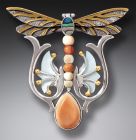 Fossilized Ivory Silver Dragonfly Pin Paua Jewelry with Mother of Pearl and 14kt Gold Fill - <b>Dragonfly Rising</b>