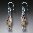 Handmade Silver Jeweled Fish Earrings with Mammoth Ivory and Blue Topaz - <b>Treasures from the Stream</b>
