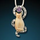 Silver, fossilized mammoth ivory and amethyst cat pendant - <b>Contented Cat</b>