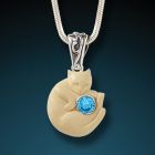 Fossilized mammoth ivory cat pendant with blue topaz - <b>Cozy Cat</b>