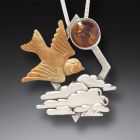 Mammoth Ivory Pendant Bird Necklace Silver and Amber - <b>Dawn Flight</b>