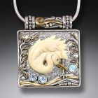 Mammoth Ivory Bird Locket, 14kt Gold Fill and Rainbow Moonstone - <b>Egret</b>
