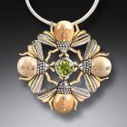 Fossilized Walrus Ivory Four Bees Necklace, 14kt Gold Fill and Peridot - <b>Bee Mandala</b>