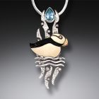 Mammoth Tusk Ivory Puffin Necklace, 14kt Gold Fill, Handmade Silver, and Blue Topaz - <b>Puffin</b>