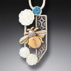 Ancient Walrus Ivory Bee and White Rose Pendant - <b>Rose Garden</b>