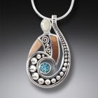 Fossilized Walrus Tusk Silver Spiral Pendant with Blue Topaz, Handmade - <b>Spiral Power</b>