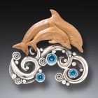 Ancient Mammoth Ivory and Blue Topaz Dolphin Pin/Pendant - <b>Two Dolphins</b>