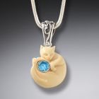 Fossilized mammoth ivory cat pendant with blue topaz - <b>Cozy Cat</b>