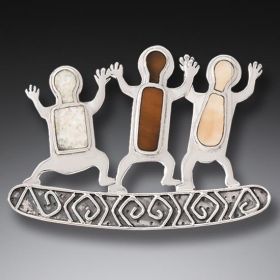 Fossilized Walrus Ivory Pin Silver Rock Art Jewelry - <b>Three Dancers</b>