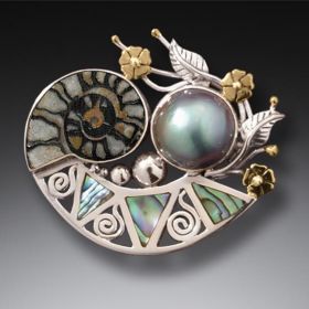 Mabe Pearl Pendant/Pin Paua Jewelry with Moroccan Ammonite and 14kt Gold Fill - <b>Cornucopia</b> 