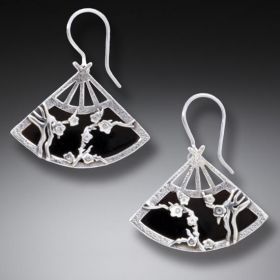 Handmade Silver Fan Earrings Geisha Jewelry - <b>Black Fan</b>