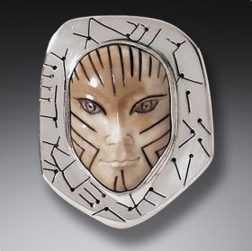Fossilized Walrus Ivory Pin Silver Mask Pendant, Handmade - <b>Vinca Mask 4200 BC</b>