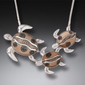Fossilized Walrus Ivory Turtle Family Necklace, Handmade Silver (includes chain) - <b>Mother and Baby Turtles</b>