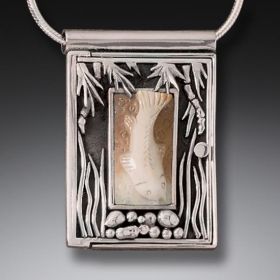 Fossilized Walrus Ivory Silver Koi Locket Handmade - <b>Koi Dreaming</b>