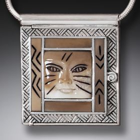 Fossilized Walrus Ivory Cat Locket, Handmade Silver - <b>Cat Woman Locket</b>