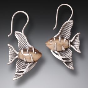 Fossilized Walrus Tusk Ivory Angelfish Jewelry, Handmade Silver -<b>Angel Fish Earrings</b>