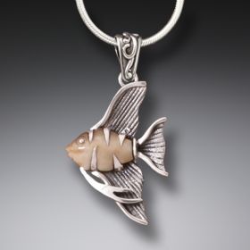 Fossilized Walrus Tusk Ivory Angelfish Jewelry, Handmade Silver - <b>Angel Fish Necklace</b>