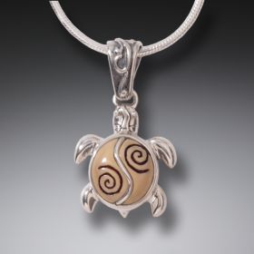 Fossilized Walrus Tusk Ivory Turtle Necklace Silver, Handmade - <b>Baby Turtle</b>