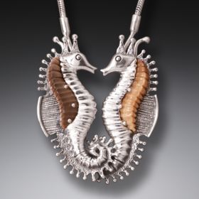 Fossilized Walrus Tusk Silver Seahorse Necklace, Handmade (includes chain) - <b>Seahorses</b>