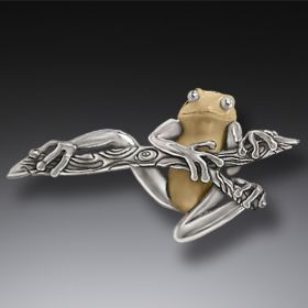 Fossilized Walrus Tusk Ivory Silver Frog Pin, Handmade - <b>Tree Frog</b>