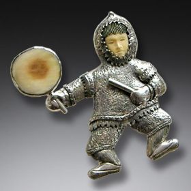 Fossilized Walrus Ivory Pin or Pendant, Handmade Silver - <b>Eskimo Drummer Boy</b>