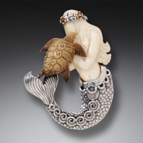 Mammoth Ivory Mermaid Pin, Handmade Silver - <b>Mermaid Turtle</b>
