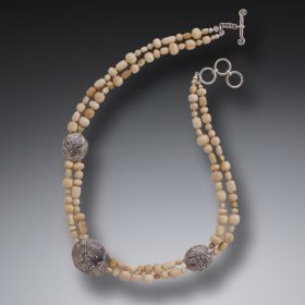 Fossilized Walrus Ivory Bead Necklace, Handmade Silver - <b>String Theory III</b>