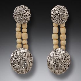 Fossilized Walrus Ivory Bead Earrings, Handmade Silver - <b>String Theory II</b>