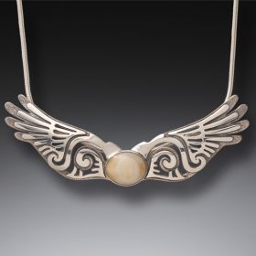 Fossilized Walrus Ivory Silver Wings Pendant, Handmade - <b>Wings</b>