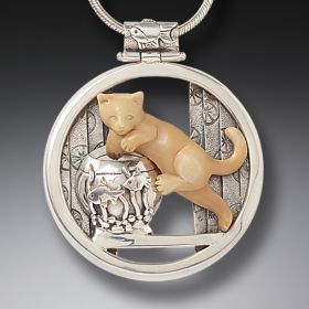 Fossilized Walrus Ivory Cat Pendant Silver, Handmade - <b>Mischief</b>