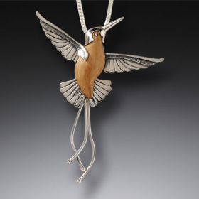 Mammoth Ivory Hummingbird Pendant Necklace, Handmade Silver - <b>Taking Flight</b>