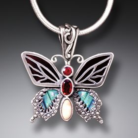 Paua Jewelry Jeweled Butterfly Necklace with Garnet, Black Mussel, and Ancient Ivory - <b>Transition II</b>