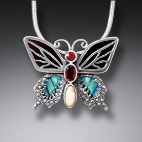 Paua Jewelry Garnet Butterfly Necklace with Black Mussel and Mammoth Tusk Ivory - <b>Transition II</b>