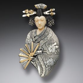 Mammoth Ivory Geisha Necklace or Pin, Handmade Silver - <b>Fan Geisha</b>