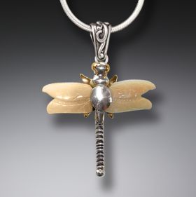 Fossilized Walrus Tusk Ivory Silver Dragonfly Pendant Necklace with 14kt Gold Fill - <b>Dragonfly</b>