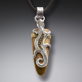 Fossilized Walrus Tusk Silver Gecko Pendant with 14kt Gold Fill, Handmade - <b>Gecko</b>