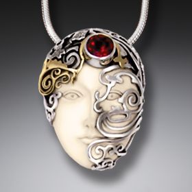 Mammoth Tusk Ancient Ivory Face Necklace with 14kt Gold Fill and Garnet - <b>Ornamented Face</b>
