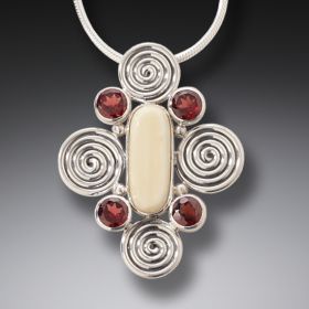 Fossilized Ivory Garnet Silver Necklace, Handmade - <b>Spiral Energy</b>
