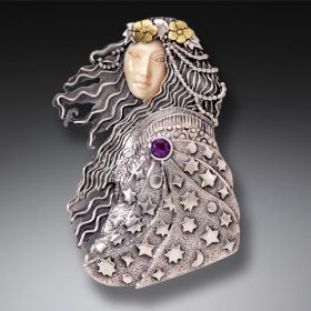 Mammoth Ivory Pin or Pendant, Handmade Silver,14kt Gold Fill, and Amethyst - <b>Wise Woman</b>