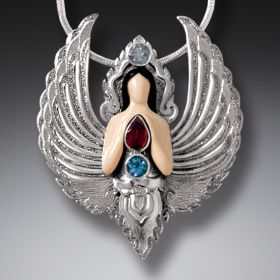 Handmade Garnet Angel Pendant Silver with Rainbow Moonstone and Blue Topaz - <b>Angels Amongst Us</b>