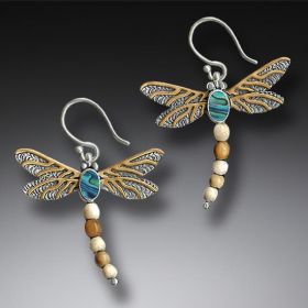 Fossilized Walrus Ivory Dragonfly Earrings Silver with Paua and 14kt Gold Fill - <b>Dragonfly II</b>