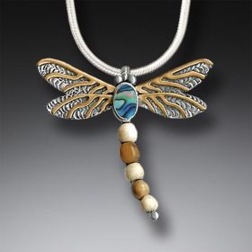 Silver Dragonfly Pendant Paua Jewelry with Mammoth Tusk Ivory, 14kt Gold Fill - <b>Dragonfly II</b>