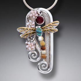 Fossilized Walrus Ivory Silver Dragonfly Pendant with Paua, Garnet, Mother of Pearl, and 14kt Gold Fill - <b>Dragonfly Arch</b>