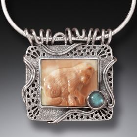Fossilized Walrus Ivory Cat Pendant Silver with Labradorite - <b>Cat with String</b>