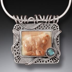 Mammoth Ivory Cat Pendant Silver with Labradorite - <b>Cat with String</b>