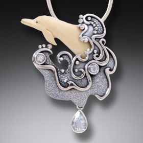 Mammoth Ivory Tusk Dolphin Pendant Silver with Rainbow Moonstone - <b>Sea Spirit</b>